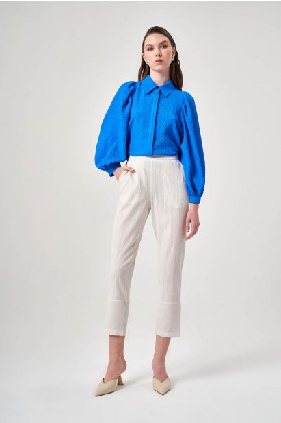 Mizalle Keten Dokulu Kırçıllı Bej Rengi Pantolon - Mizalle