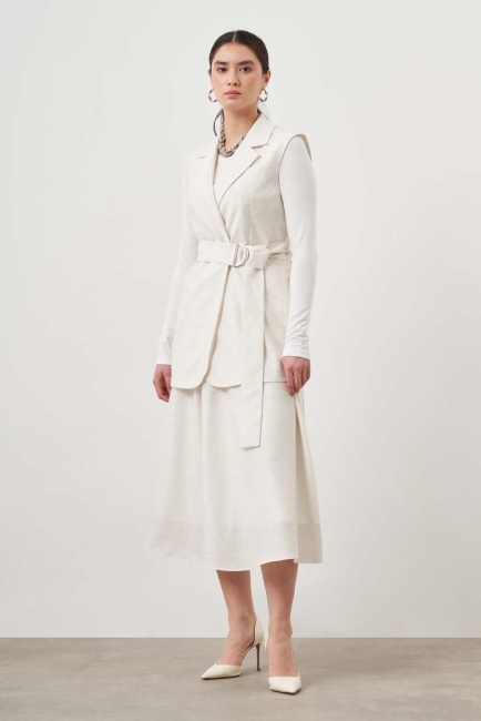 Mizalle - Keten Doku Pile Ekru Etek