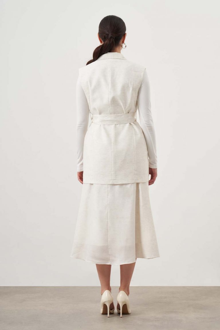 Mizalle Keten Dokulu Kemerli Ekru Yelek - Mizalle