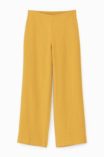 Mizalle Keten Dokulu Geniş Paça Sarı Rahat Pantolon - Mizalle