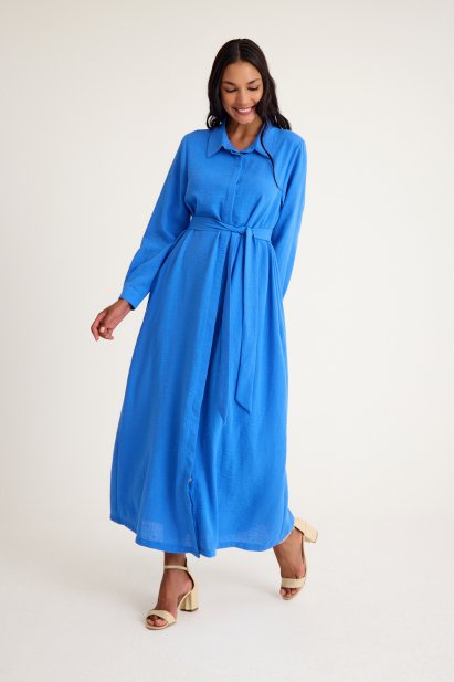 Mizalle Keten Görünümlü Kuşaklı Mavi Uzun Gömlek Elbise - Mizalle