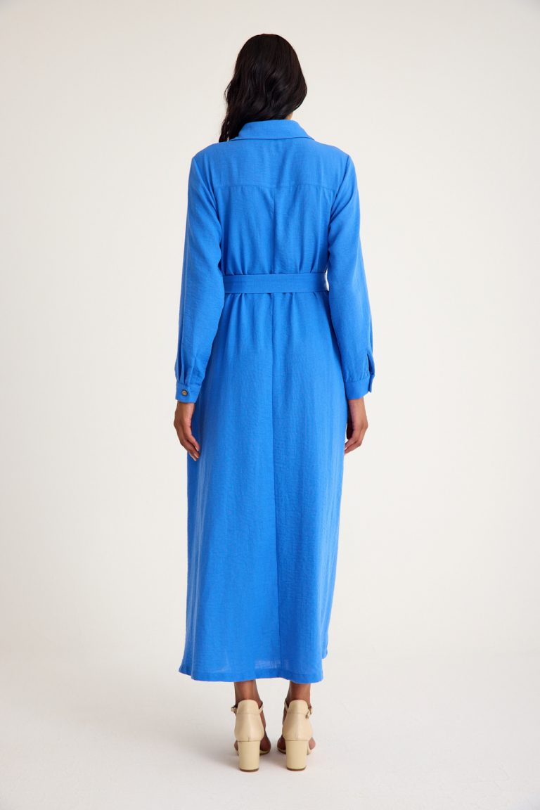 Mizalle Keten Görünümlü Kuşaklı Mavi Uzun Gömlek Elbise - Mizalle
