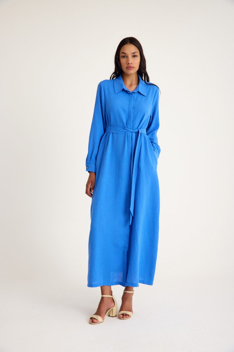 Mizalle Keten Görünümlü Kuşaklı Mavi Uzun Gömlek Elbise - Mizalle