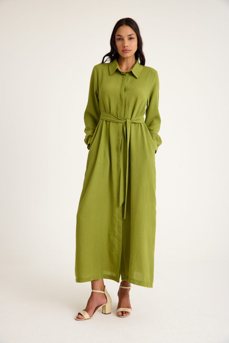 Mizalle Keten Görünümlü Kuşaklı Yeşil Uzun Gömlek Elbise - Mizalle