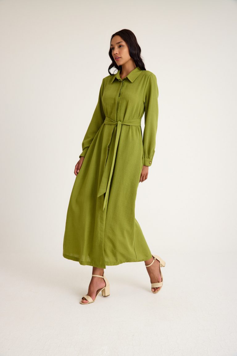 Mizalle Keten Görünümlü Kuşaklı Yeşil Uzun Gömlek Elbise - Mizalle