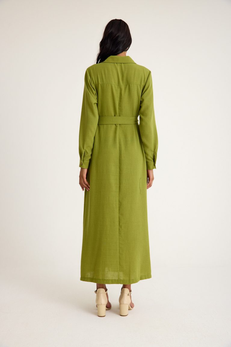 Mizalle Keten Görünümlü Kuşaklı Yeşil Uzun Gömlek Elbise - Mizalle