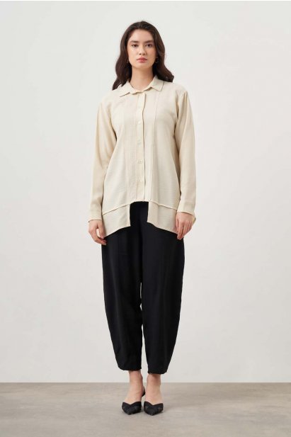 Mizalle Kat Detaylı Bej Rengi Keten Görünümlü Tunik - Mizalle