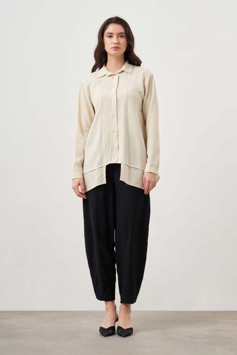 Mizalle Kat Detaylı Bej Rengi Keten Görünümlü Tunik - Mizalle