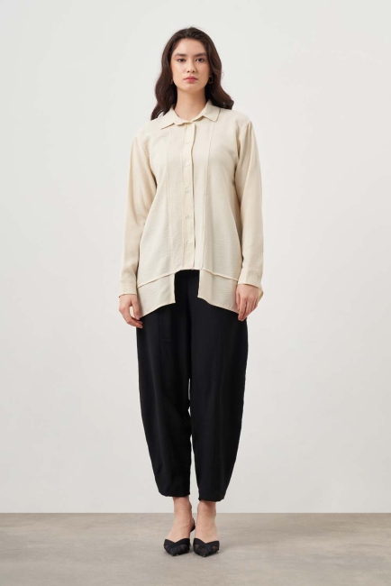 Mizalle - Mizalle Kat Detaylı Bej Rengi Keten Görünümlü Tunik Mizalle - Mizalle Kat Detaylı Bej Rengi Keten Görünümlü Tunik