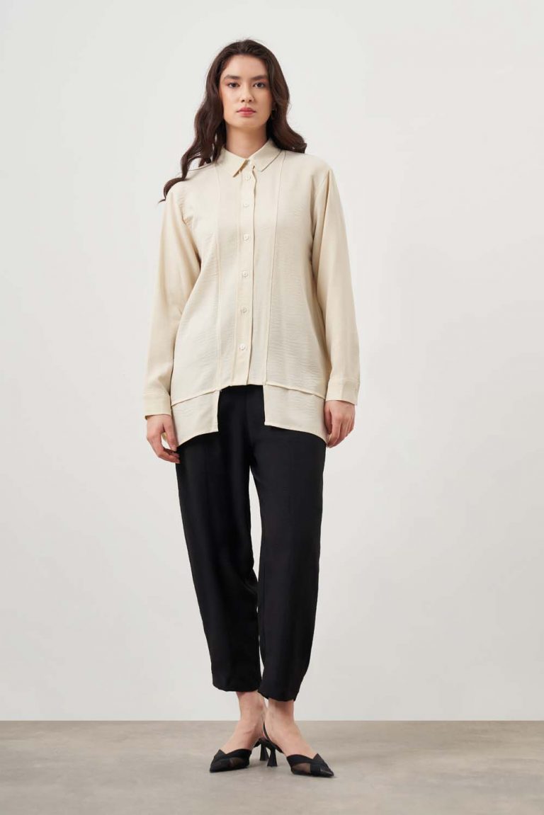 Mizalle Kat Detaylı Bej Rengi Keten Görünümlü Tunik - Mizalle