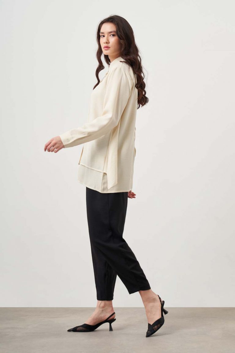 Mizalle Kat Detaylı Bej Rengi Keten Görünümlü Tunik - Mizalle