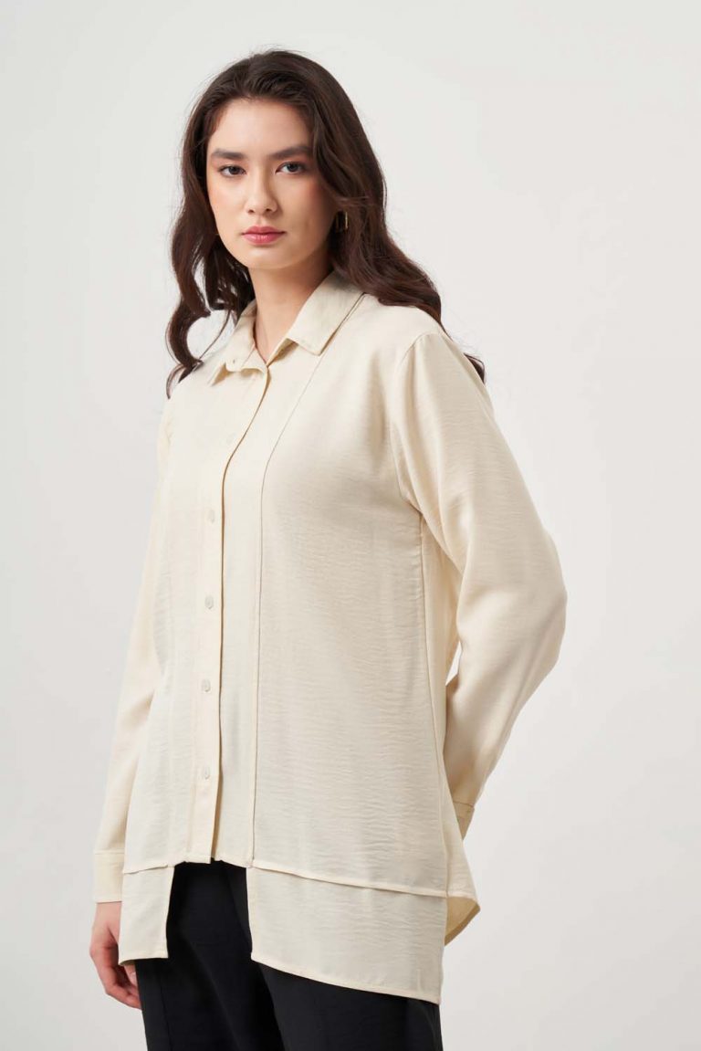 Mizalle Kat Detaylı Bej Rengi Keten Görünümlü Tunik - Mizalle