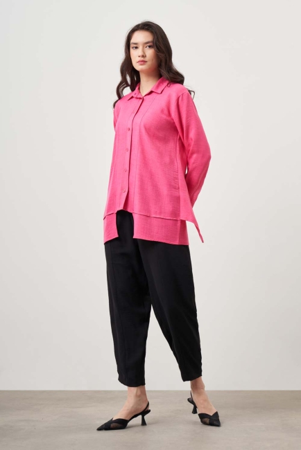 Mizalle - Mizalle Kat Detaylı Fuşya Keten Görünümlü Tunik