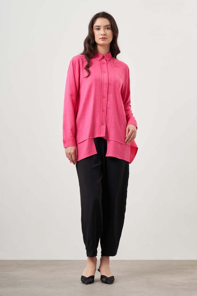 Mizalle Kat Detaylı Fuşya Keten Görünümlü Tunik - Mizalle