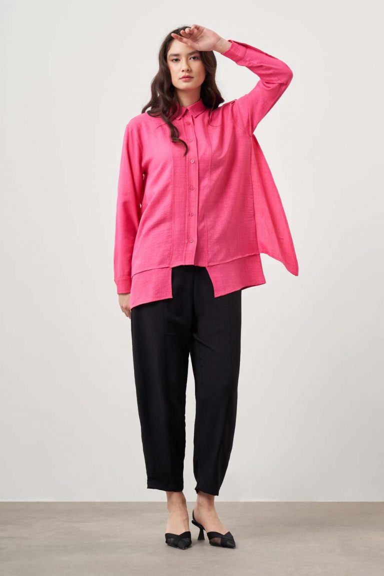 Mizalle Kat Detaylı Fuşya Keten Görünümlü Tunik - Mizalle
