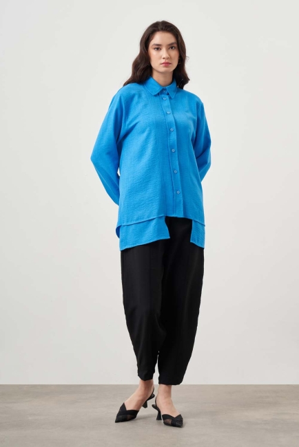 Mizalle - Mizalle Kat Detaylı Mavi Keten Görünümlü Tunik Mizalle - Mizalle Kat Detaylı Mavi Keten Görünümlü Tunik