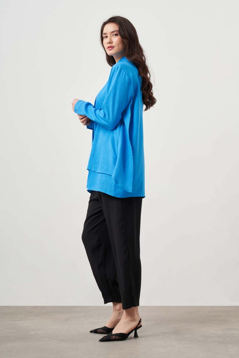 Mizalle Kat Detaylı Mavi Keten Görünümlü Tunik - Mizalle