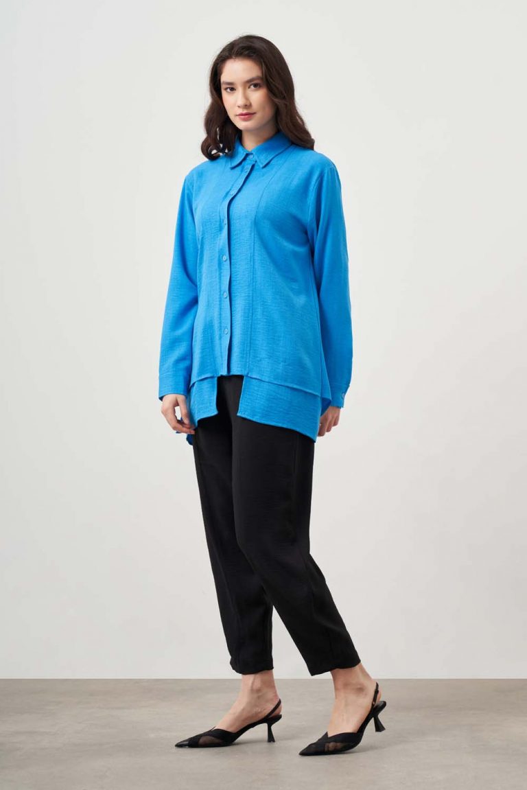 Mizalle Kat Detaylı Mavi Keten Görünümlü Tunik - Mizalle