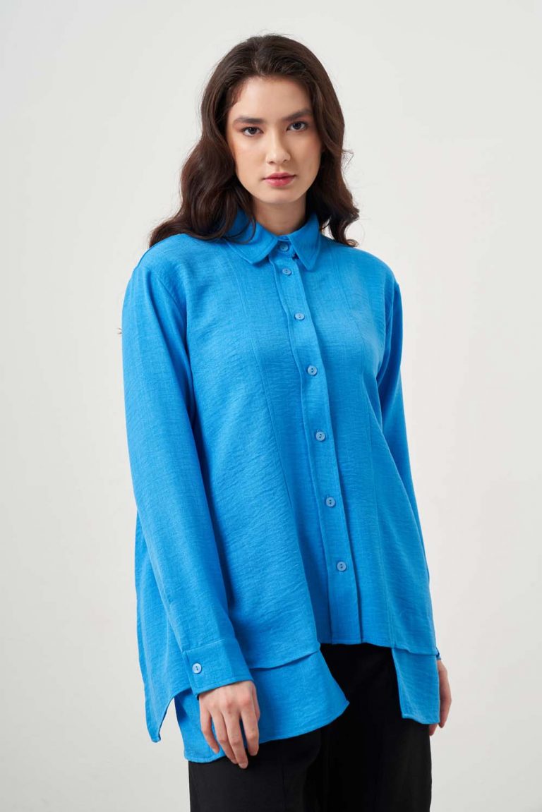 Mizalle Kat Detaylı Mavi Keten Görünümlü Tunik - Mizalle