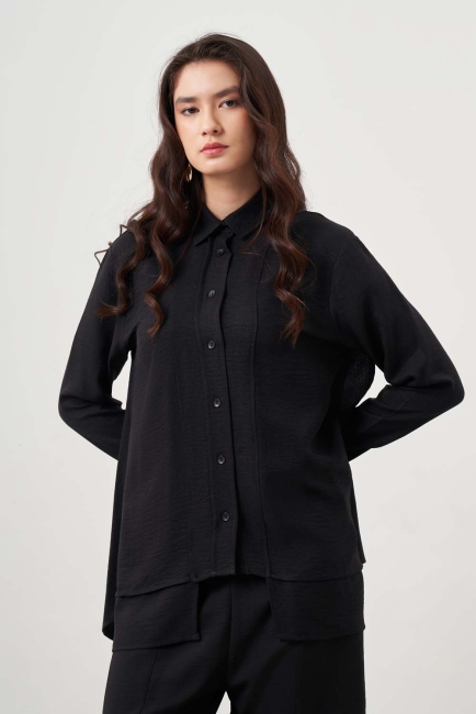 Mizalle - Mizalle Kat Detaylı Siyah Keten Görünümlü Tunik Mizalle - Mizalle Kat Detaylı Siyah Keten Görünümlü Tunik