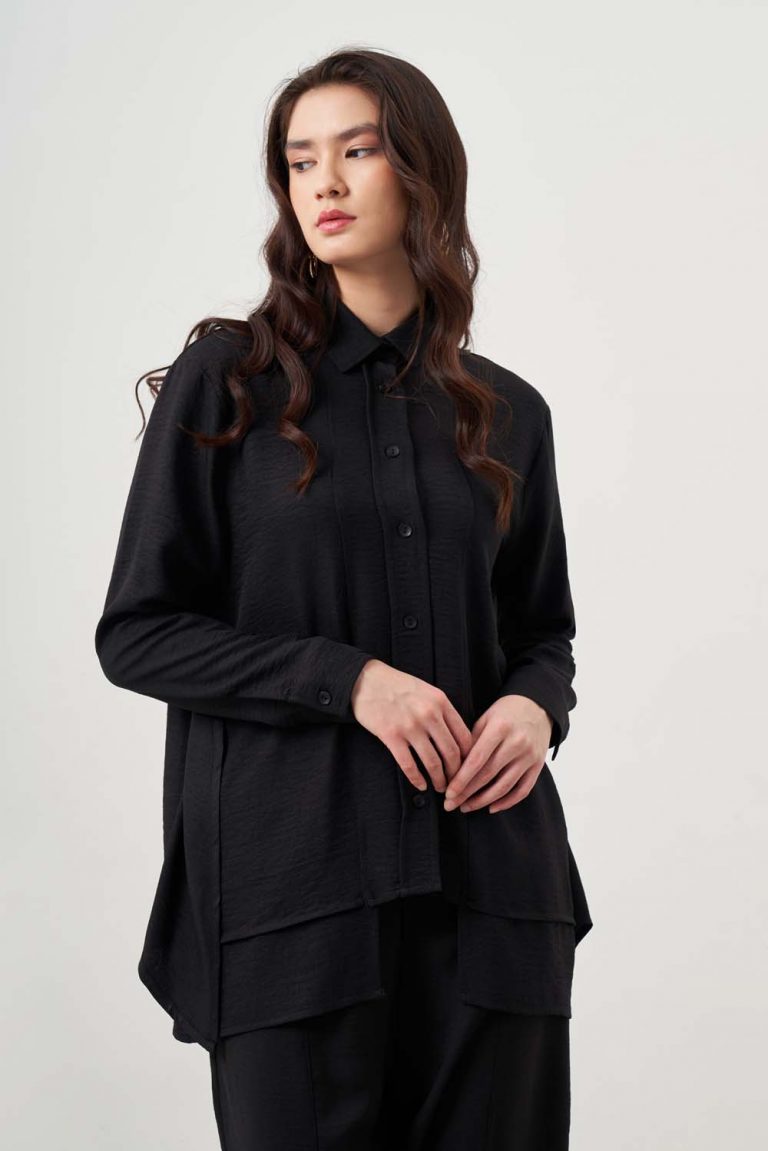 Mizalle Kat Detaylı Siyah Keten Görünümlü Tunik - Mizalle