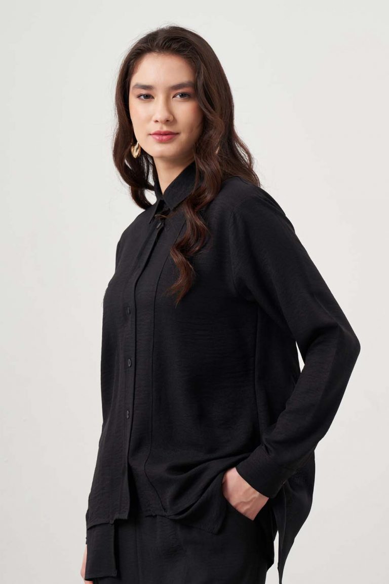 Mizalle Kat Detaylı Siyah Keten Görünümlü Tunik - Mizalle