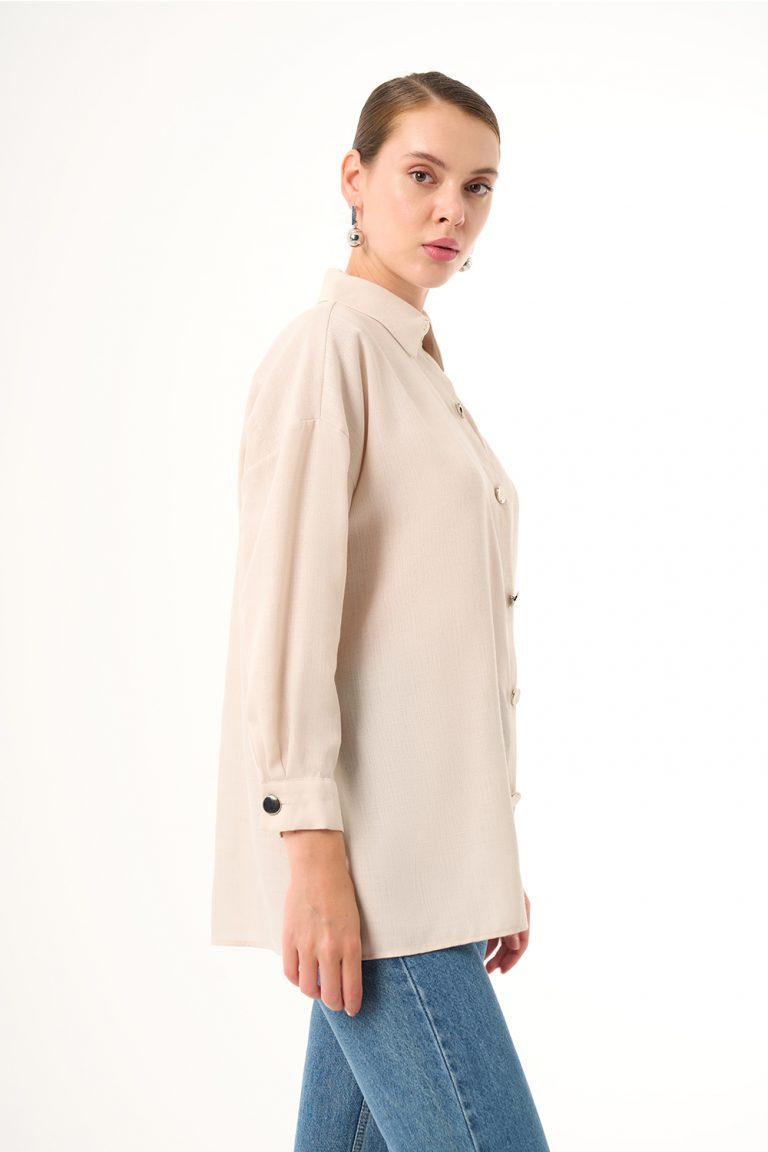 Mizalle Keten Dokulu Oversize Bej Rengi Gömlek - Mizalle