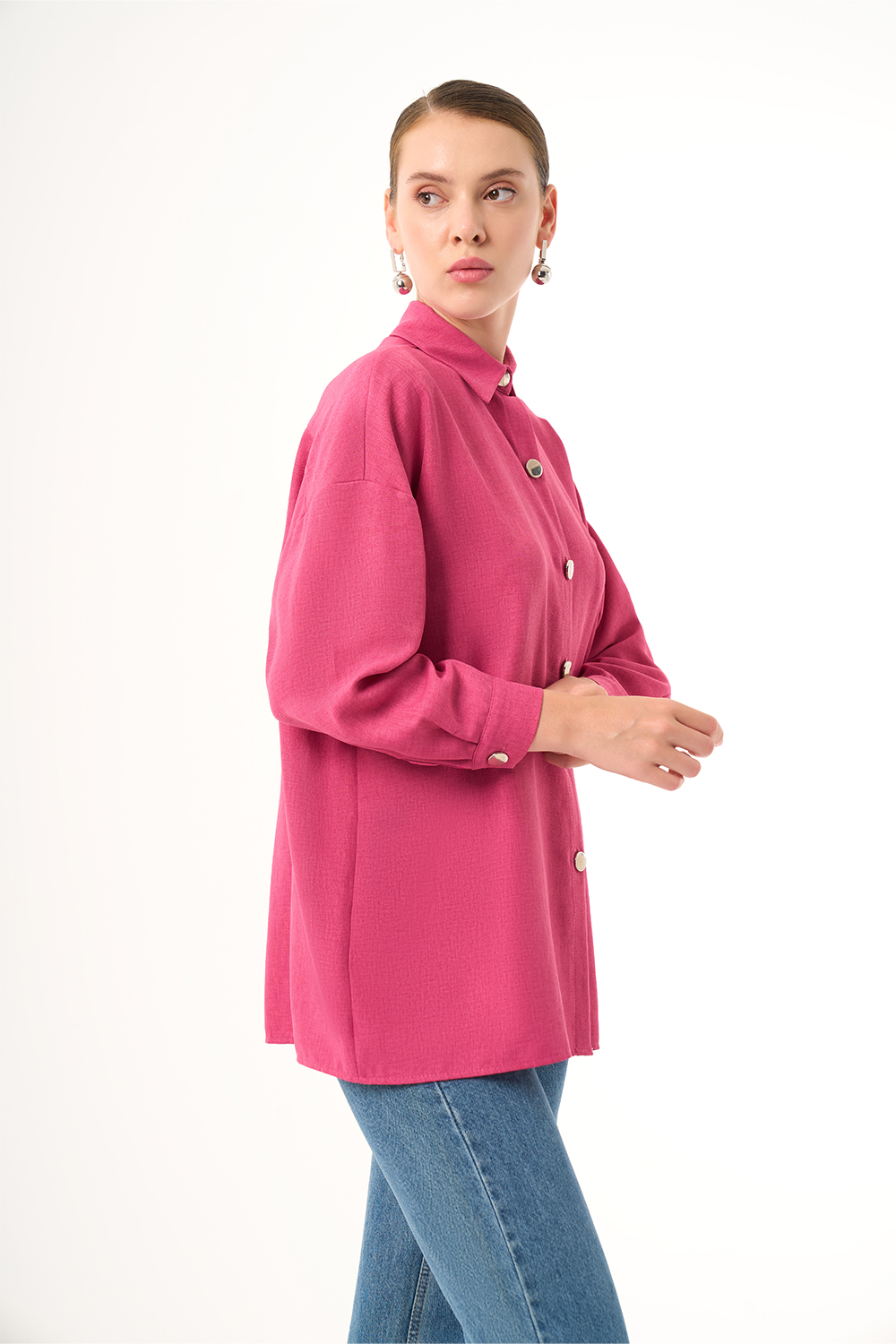 Mizalle Keten Dokulu Oversize Fuşya Gömlek Mizalle Keten Dokulu Oversize Fuşya Gömlek