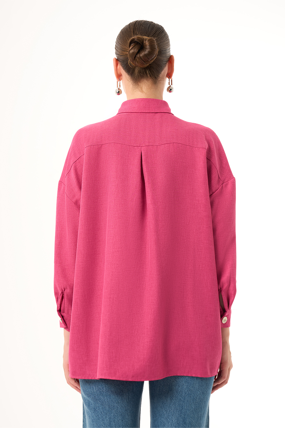 Mizalle Keten Dokulu Oversize Fuşya Gömlek Mizalle Keten Dokulu Oversize Fuşya Gömlek