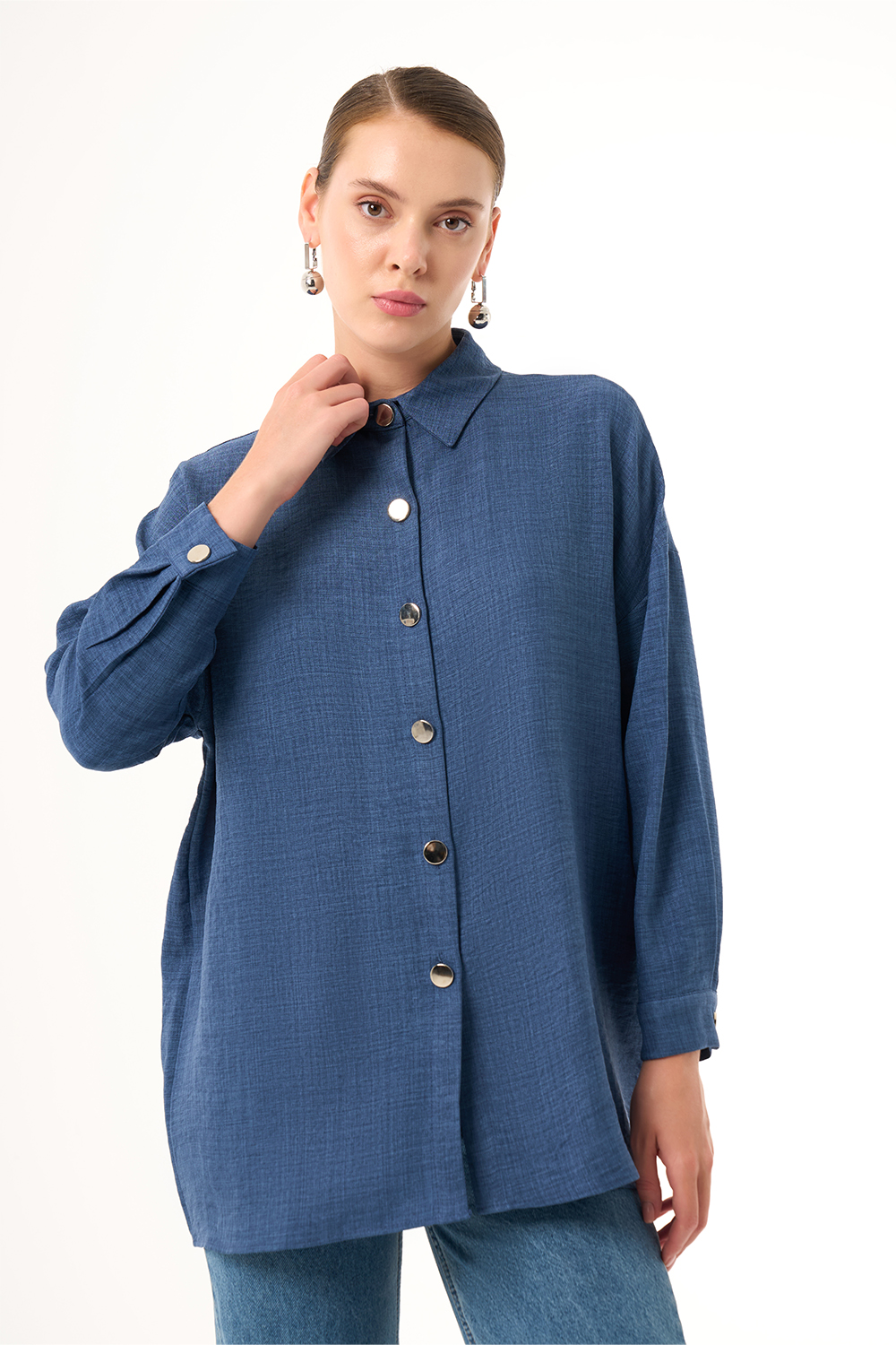 Mizalle Keten Dokulu Oversize İndigo Mavi Gömlek