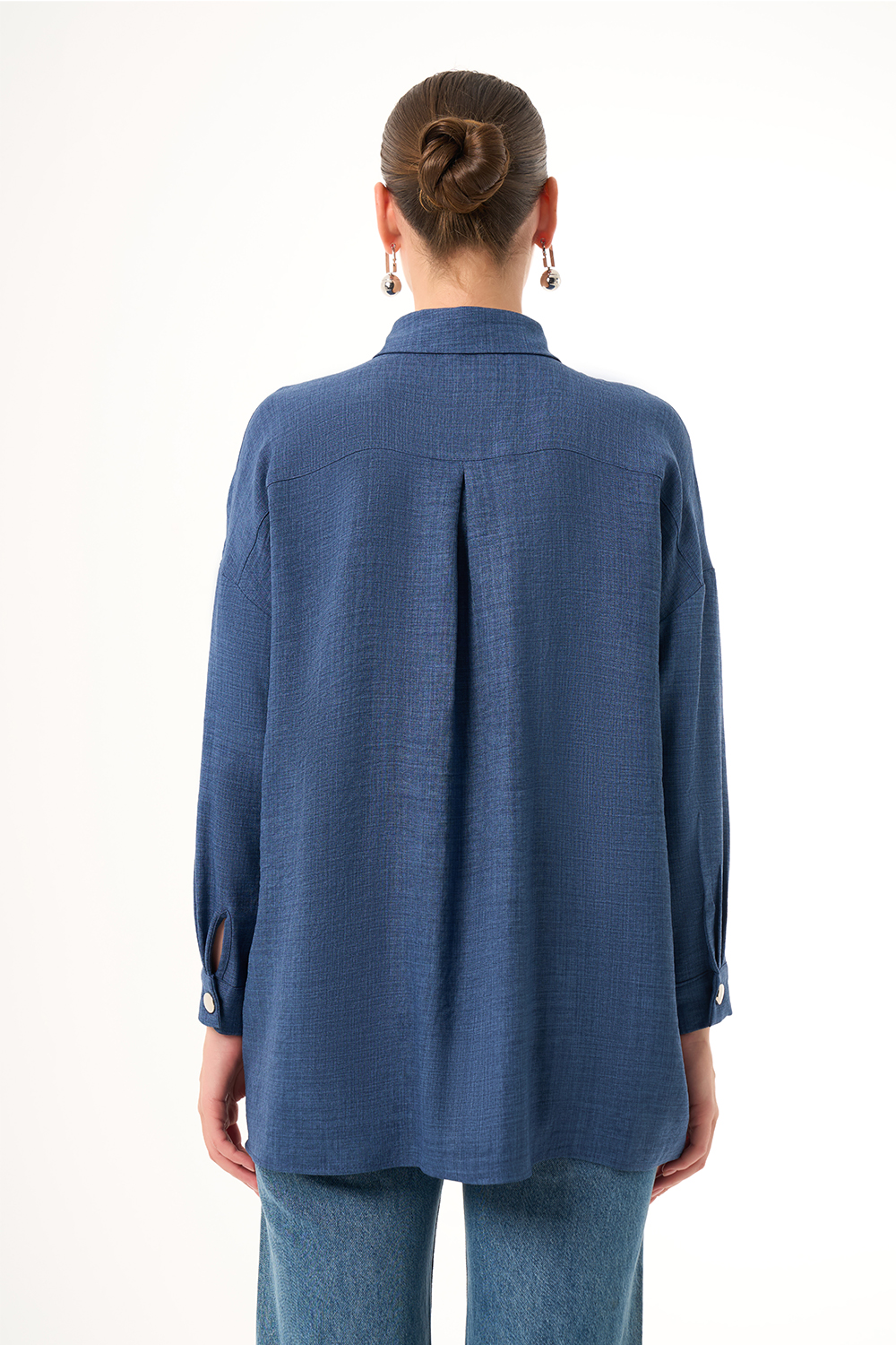 Mizalle Keten Dokulu Oversize İndigo Mavi Gömlek