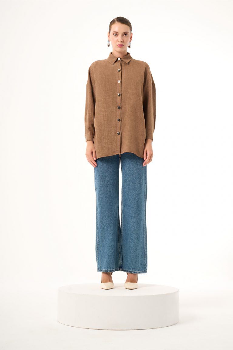 Mizalle Keten Dokulu Oversize Kahverengi Gömlek - Mizalle