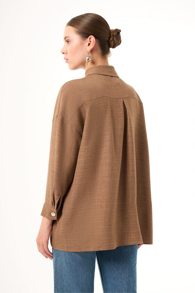 Mizalle Keten Dokulu Oversize Kahverengi Gömlek - Mizalle
