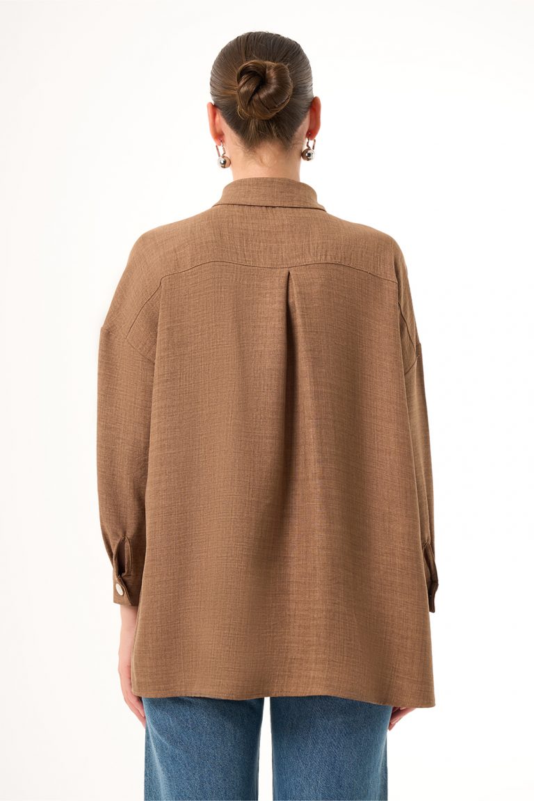 Mizalle Keten Dokulu Oversize Kahverengi Gömlek - Mizalle