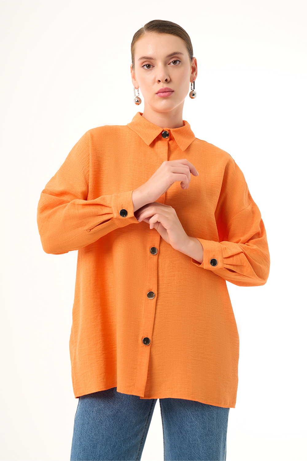 Mizalle Keten Dokulu Oversize Turuncu Gömlek