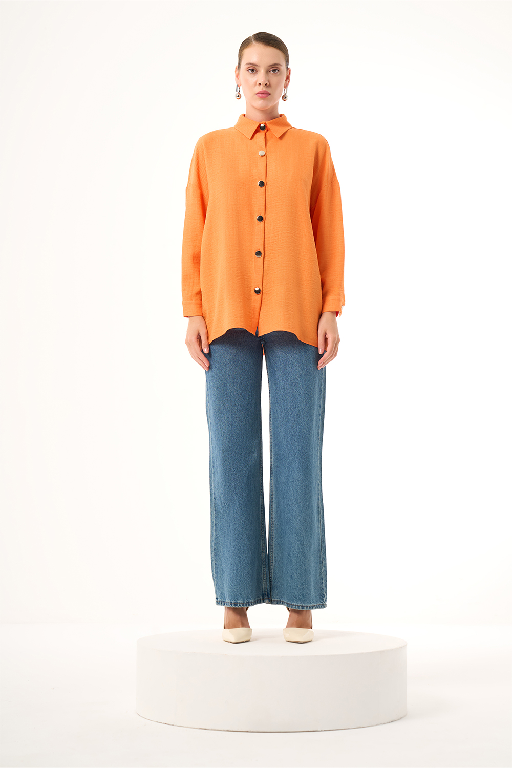 Mizalle Keten Dokulu Oversize Turuncu Gömlek
