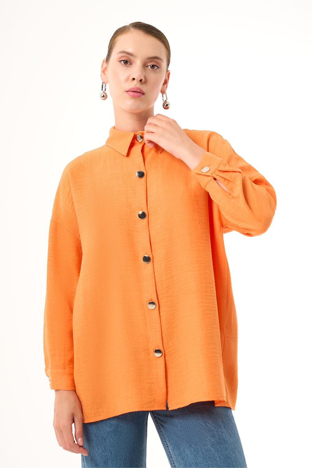Mizalle Keten Dokulu Oversize Turuncu Gömlek