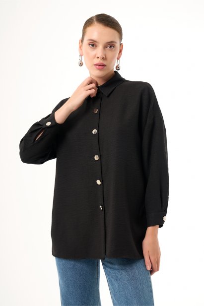 Mizalle Keten Dokulu Oversize Siyah Gömlek - Mizalle