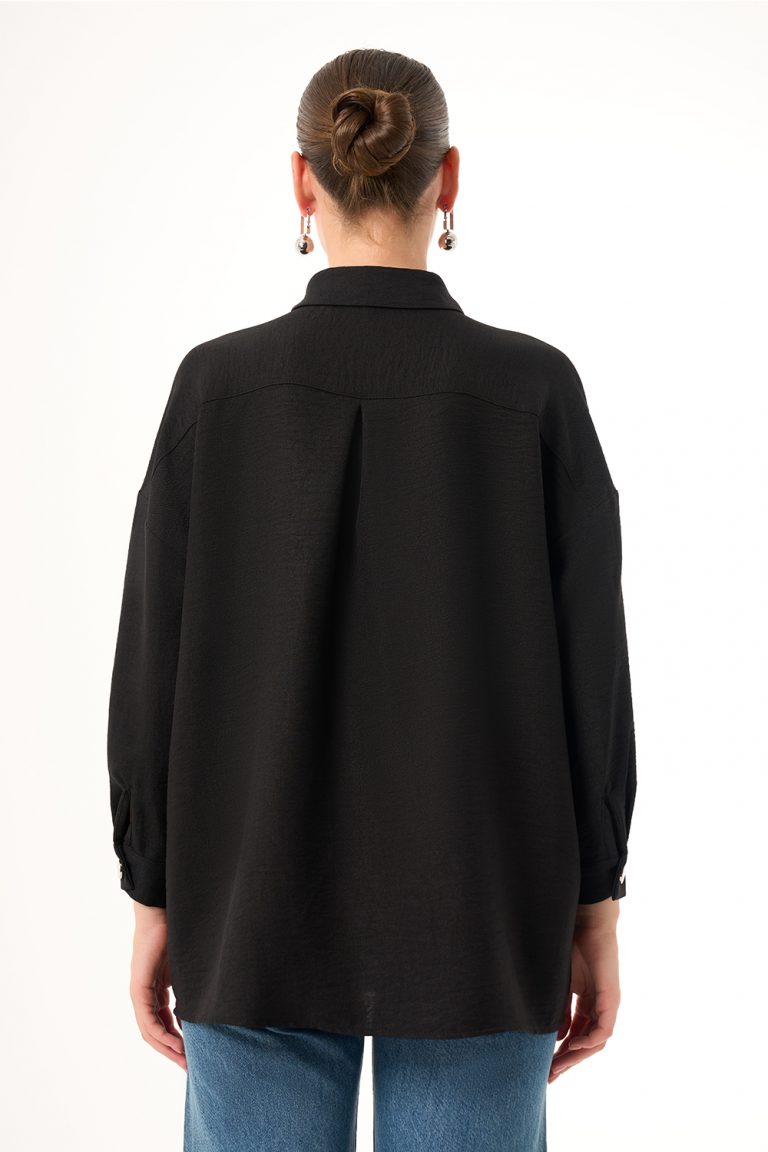 Mizalle Keten Dokulu Oversize Siyah Gömlek - Mizalle