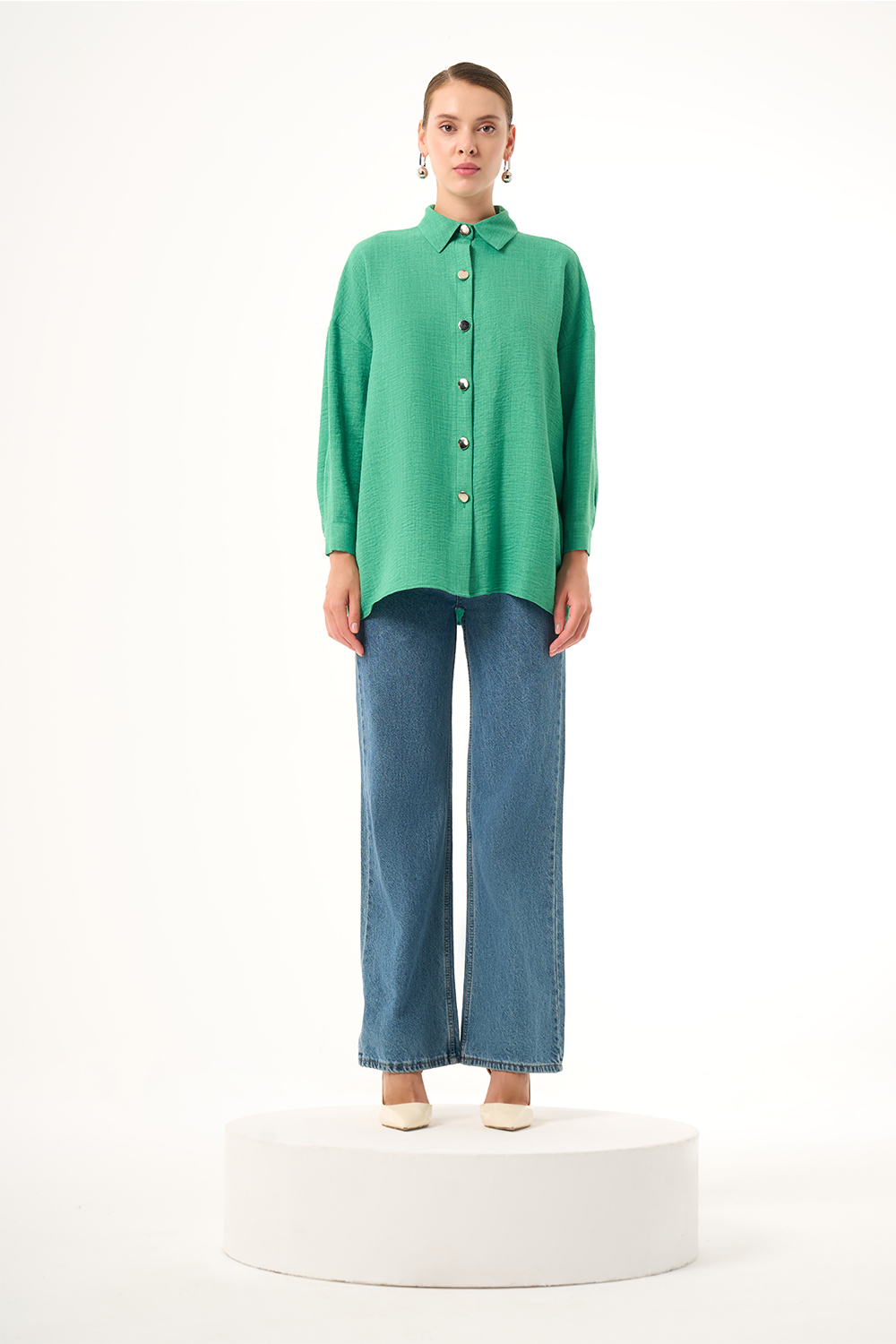 Mizalle Keten Dokulu Oversize Yeşil Gömlek