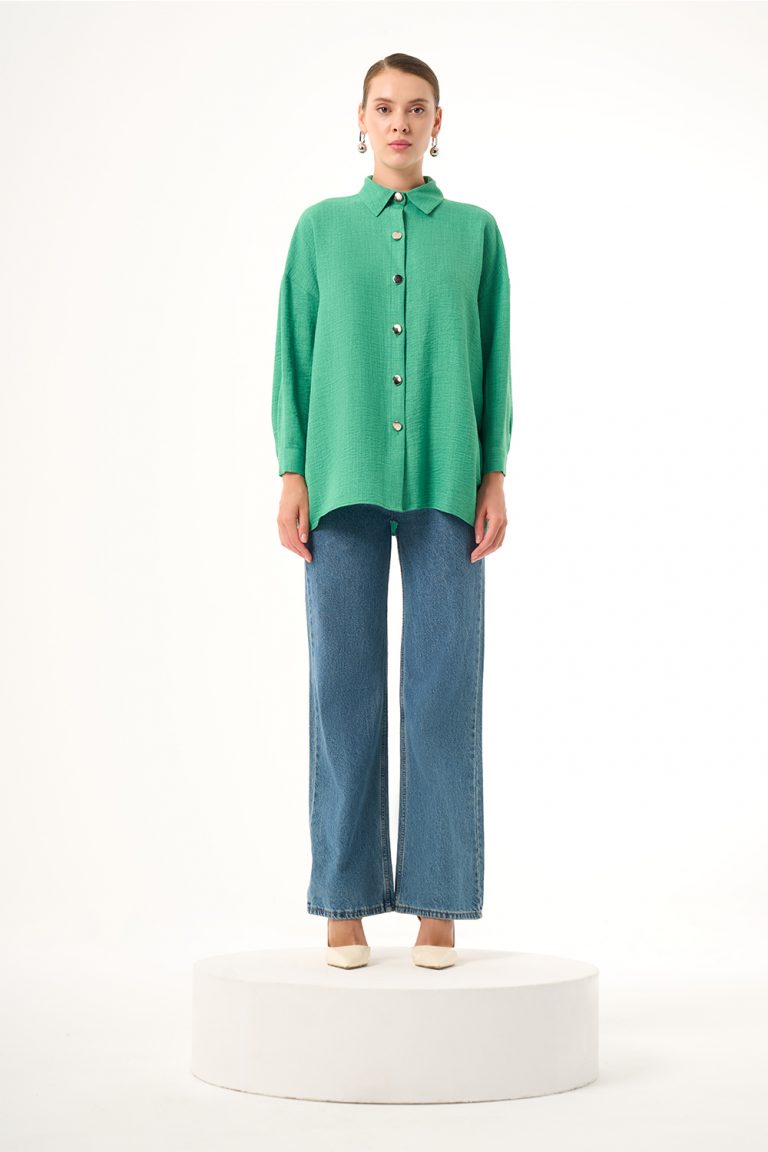 Mizalle Keten Dokulu Oversize Yeşil Gömlek - Mizalle
