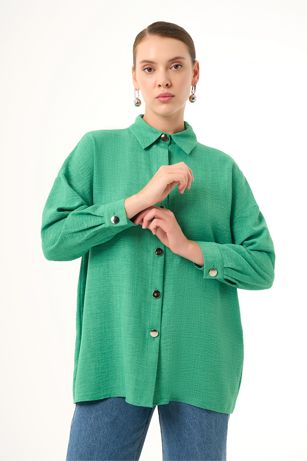 Mizalle Keten Dokulu Oversize Yeşil Gömlek