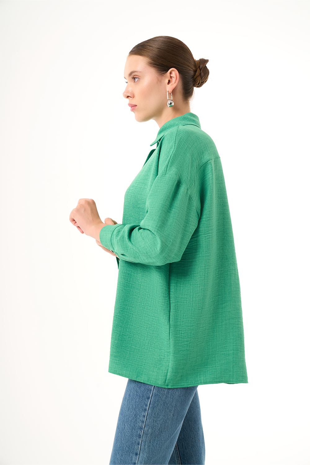 Mizalle Keten Dokulu Oversize Yeşil Gömlek