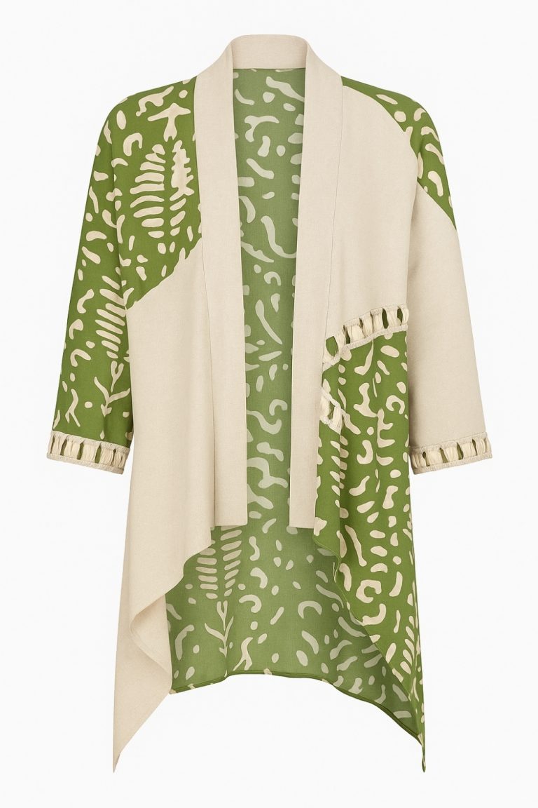 Mizalle Yeşil Desenli Keten Görünümlü Bej Rengi Püsküllü Kimono - Mizalle