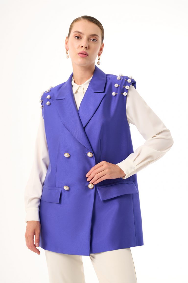 Mizalle İnce Boncuk İşleme Detaylı Saks Mavisi Abiye Yelek - Mizalle