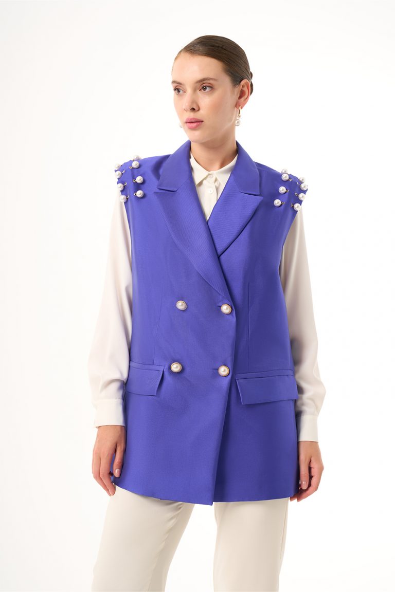 Mizalle İnce Boncuk İşleme Detaylı Saks Mavisi Abiye Yelek - Mizalle