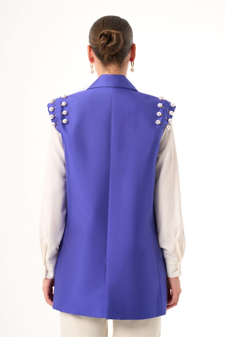 Mizalle İnce Boncuk İşleme Detaylı Saks Mavisi Abiye Yelek - Mizalle