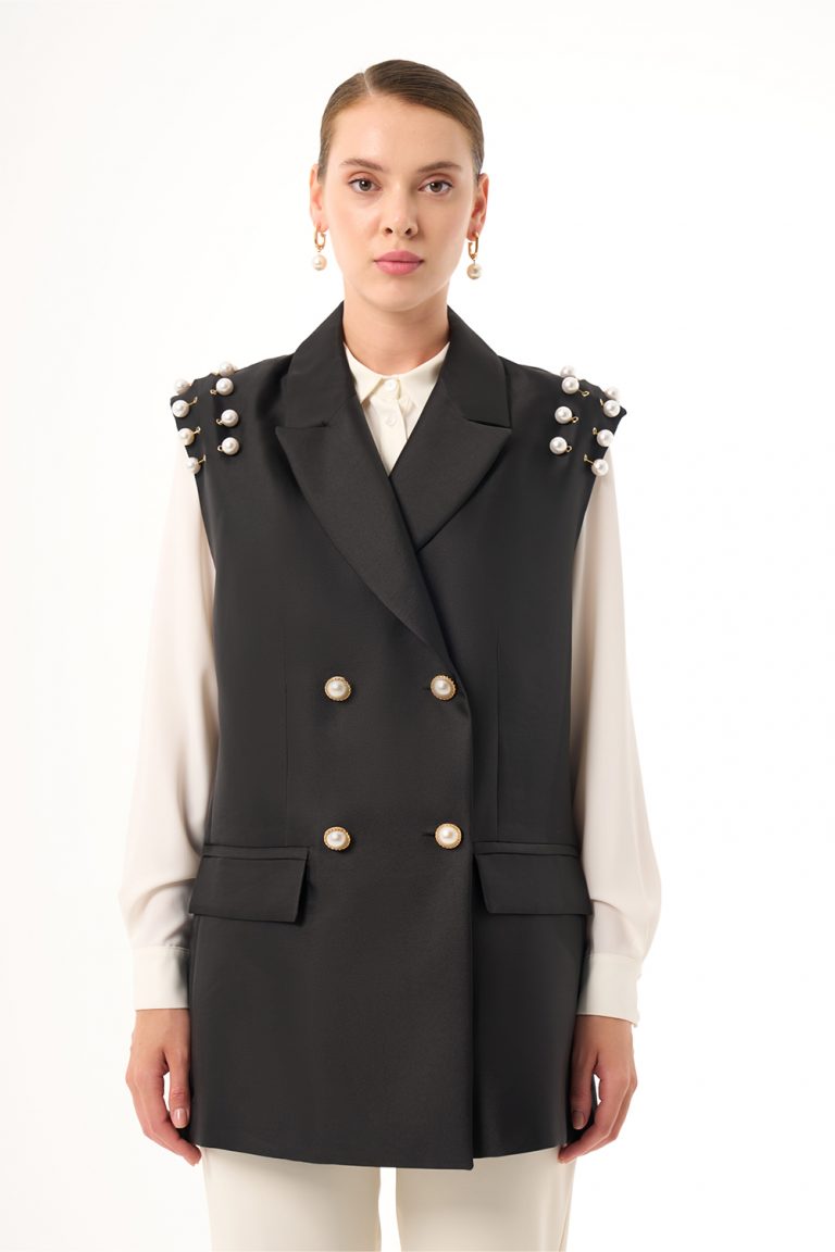 Mizalle İnce Boncuk İşleme Detaylı Siyah Abiye Yelek - Mizalle