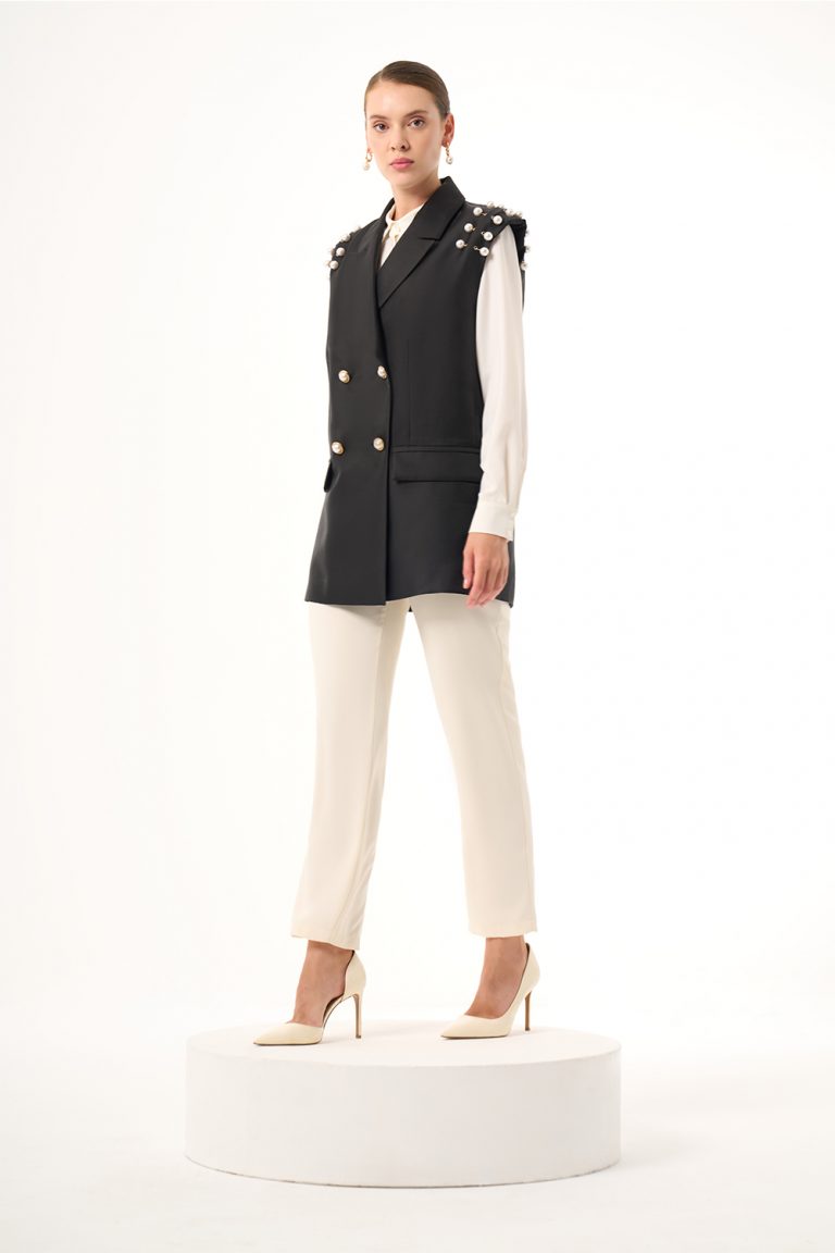 Mizalle İnce Boncuk İşleme Detaylı Siyah Abiye Yelek - Mizalle