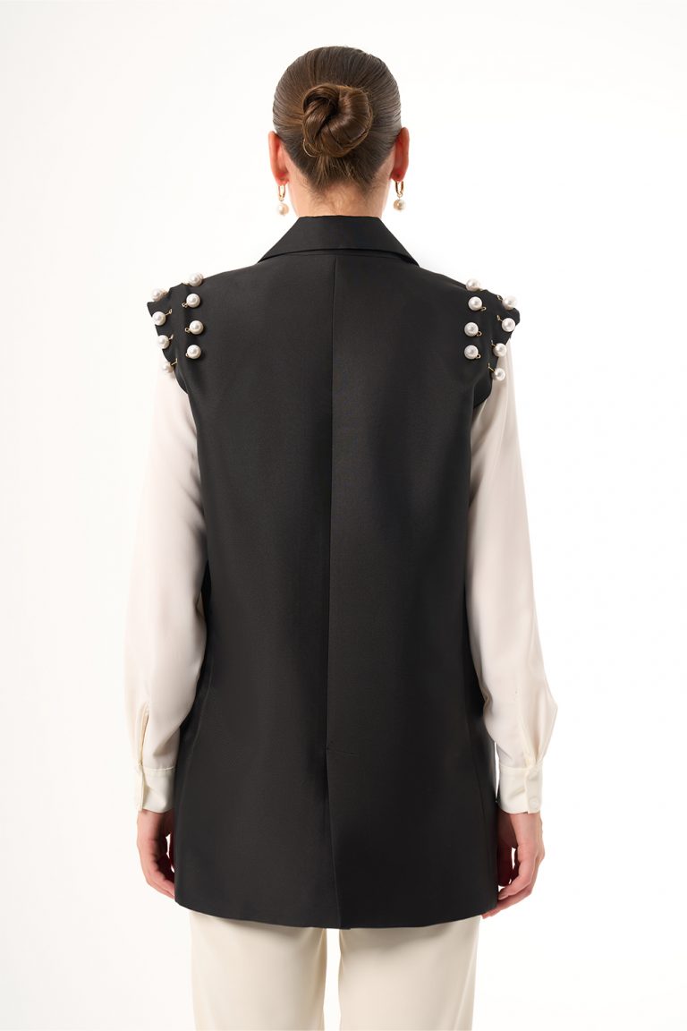 Mizalle İnce Boncuk İşleme Detaylı Siyah Abiye Yelek - Mizalle